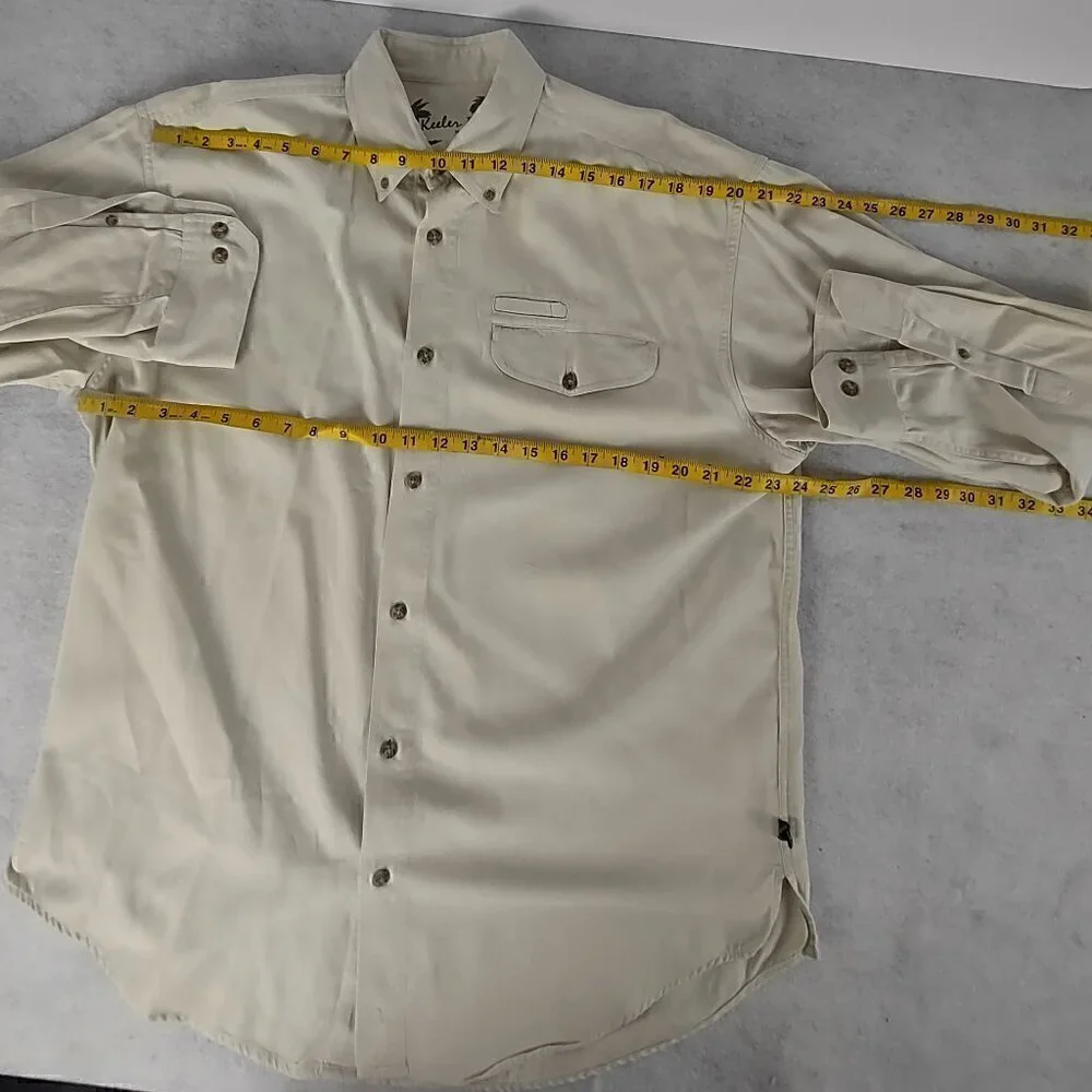 Keeler Bay Mens 100% Cotton Long Sleeve Button Down Beige Shirt Size Medium